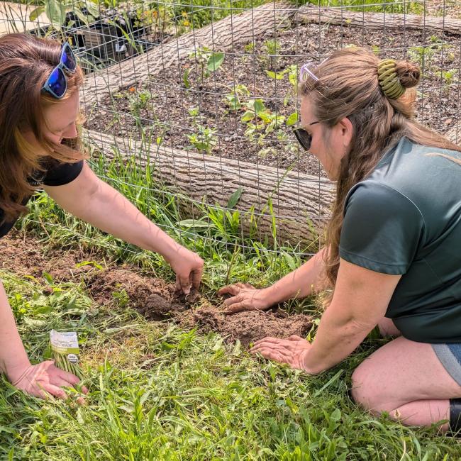 Professor Elisa Livengood and Professor Jennifer Gilbert Jenkins plant at the food forest