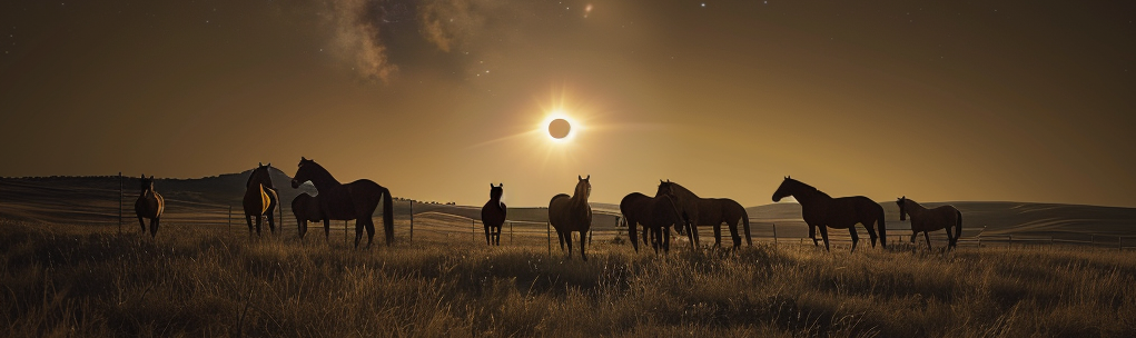 Mustang horses in front of an eclipse