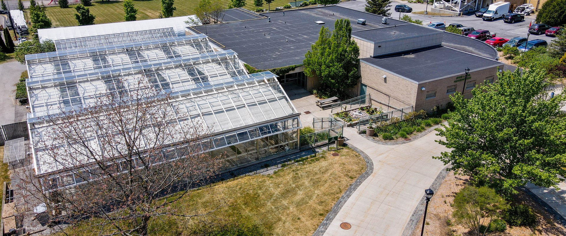 An overhead view of the greenhouses and facilities at the George A. Spader Horticulture Center