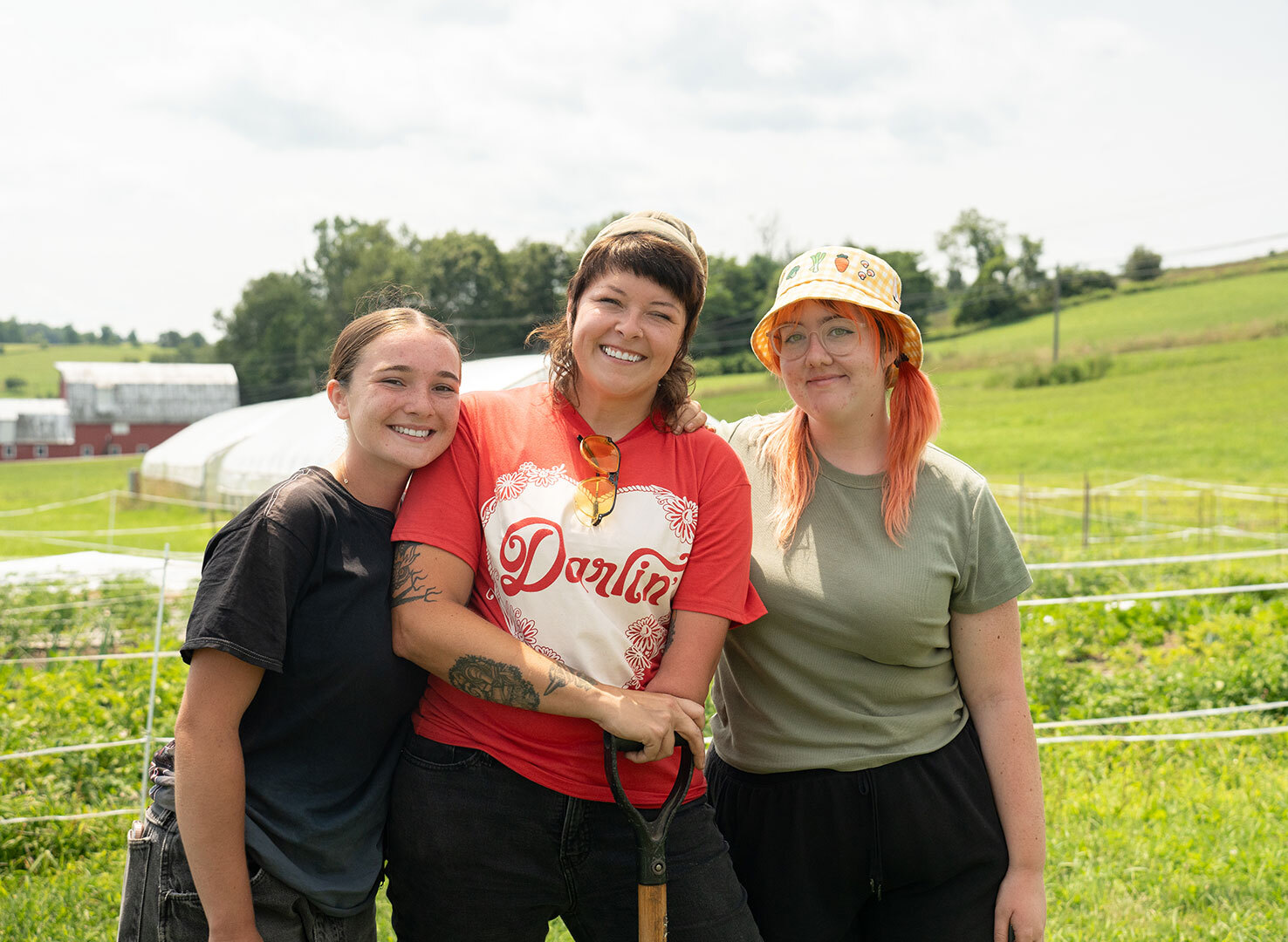 Ella Williams, Kate Bolen and Lucy Dixon at the organic farm 