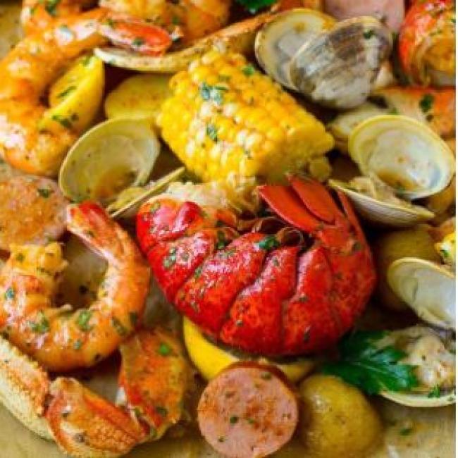 Seafood boil with shrimp, corn, clams, and more